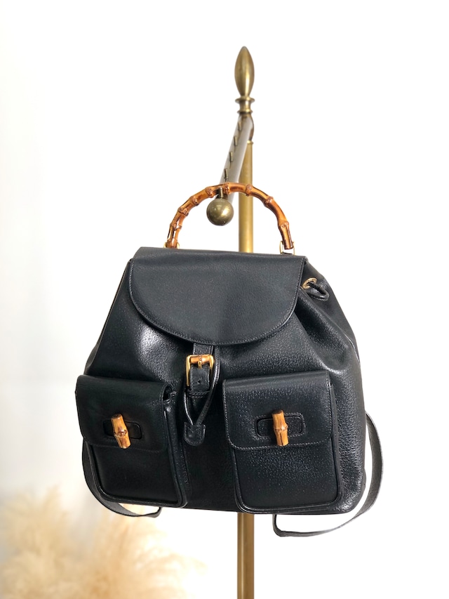 GUCCI グッチ バックパック ブラック バンブー レザー リュック フロントバックル vintage ヴィンテージ オールド i34ihz