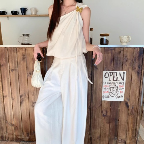 【2点セット】ノットワンショルトップス＋ワイドパンツ ・10845