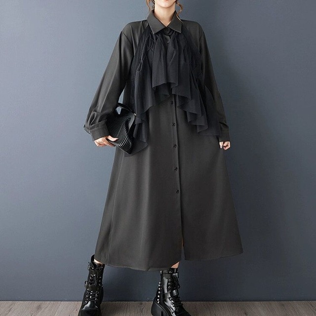 SOLID PLEATED FRILL TRIMMED A-LINE MIDI SHIRT DRESS 2colors M-14851