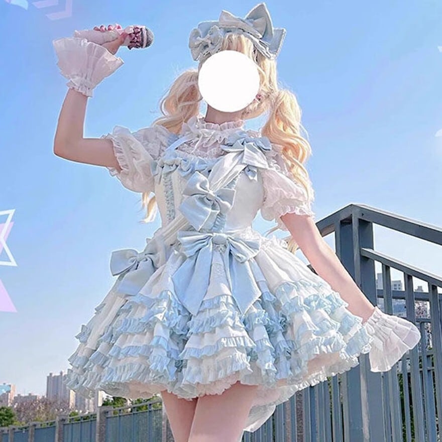 アイドル衣装｜空色フリルとロングトレーンリボンが揺れる JSK
