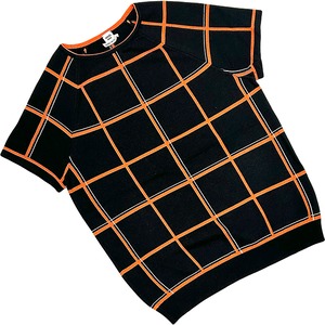 Used HERMES エルメス 半袖ニット チェック 36サイズ レディース ヴァージンウール シルク ブラック オレンジ