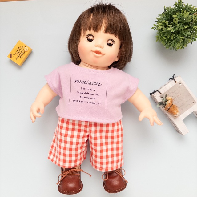 【２点セット】トレーナーズボンセット服（ピンクT赤チェックズボン）ぽぽちゃん