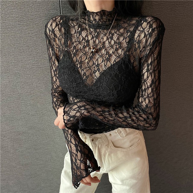 トップス レディース 総レース長袖シャツ 長袖 タイトレースシースルーTシャツ ブラック ホワイト アプリコット 3色 フリーサイズ ワンサイズ 着回し 重ね着 インナー オシャレ 大人 きれいめ レース デート お出かけ ランチ ディナー 20代 30代 40代 春 夏 秋 冬 オールシーズ シースルーシャツ ハイネックTシャツ シースルーインナー レースインナー タイトインナー 海 リゾート ハイネック スリム