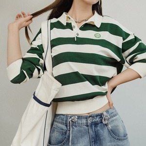 White and Green Striped Polo Shirt / ホワイト & グリーン ストライプ ポロシャツ