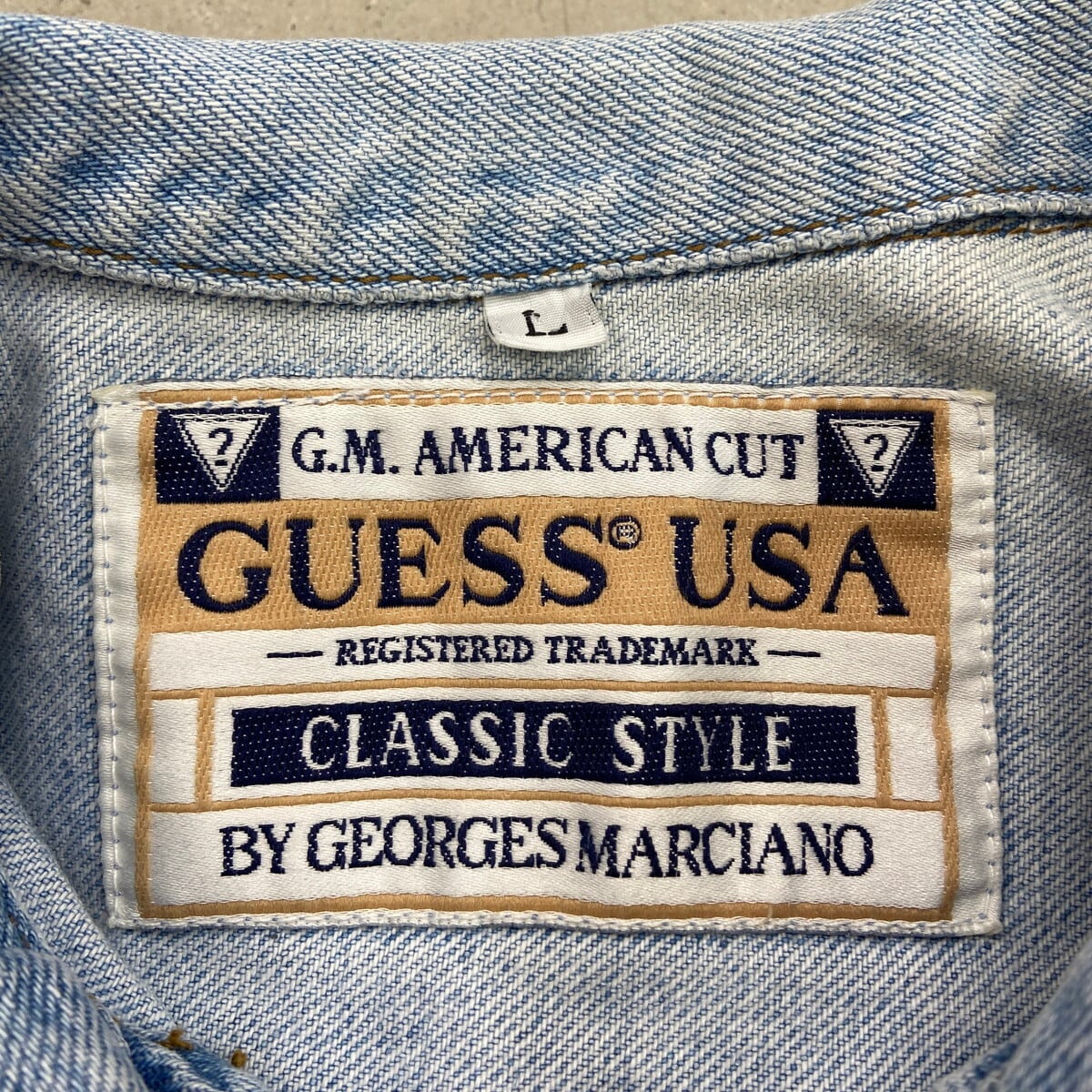 90年代 USA製 GUESS ワンポイントロゴ刺繍 デニムジャケット メンズXL