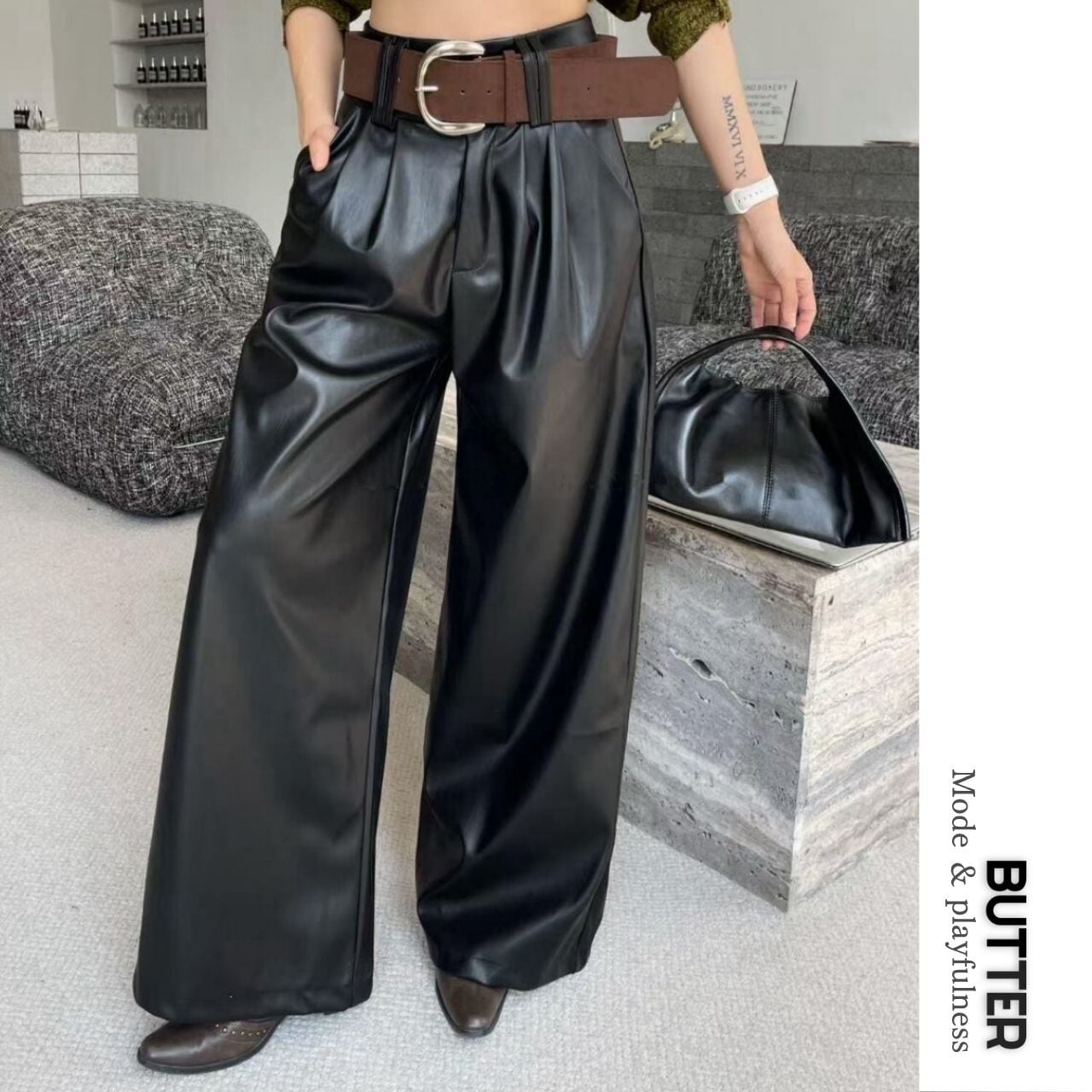 Belted Faux Leather Pants 00887