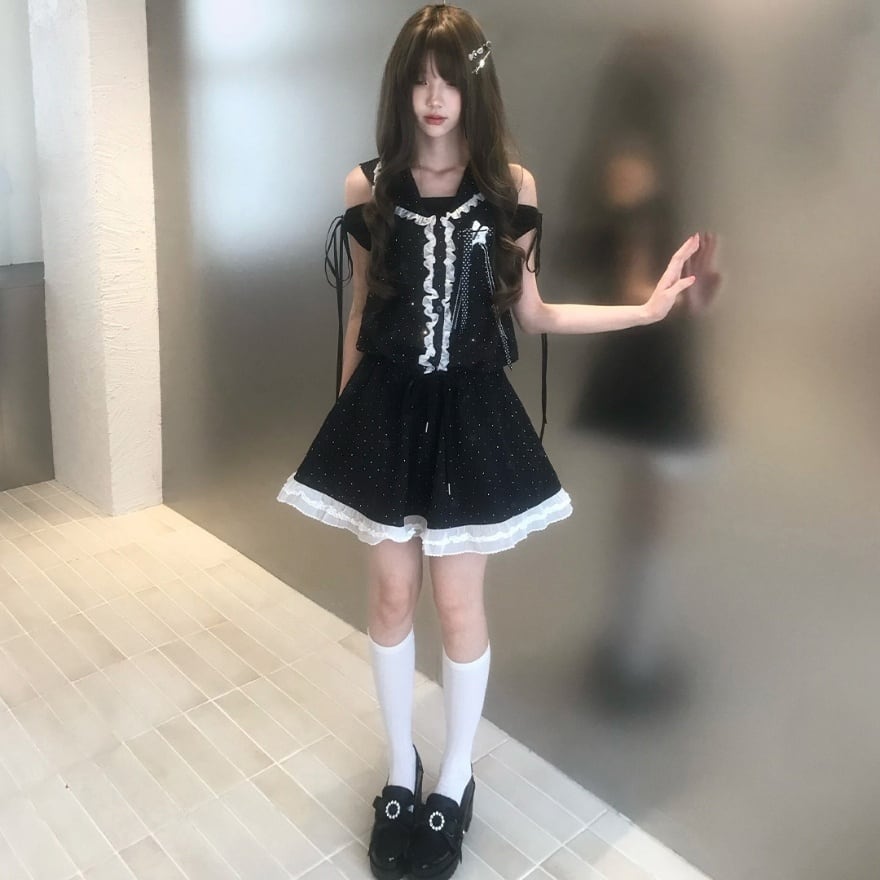 ゴシック ロリィタ セットアップ｜星柄オフショルダー黒 上下セット
