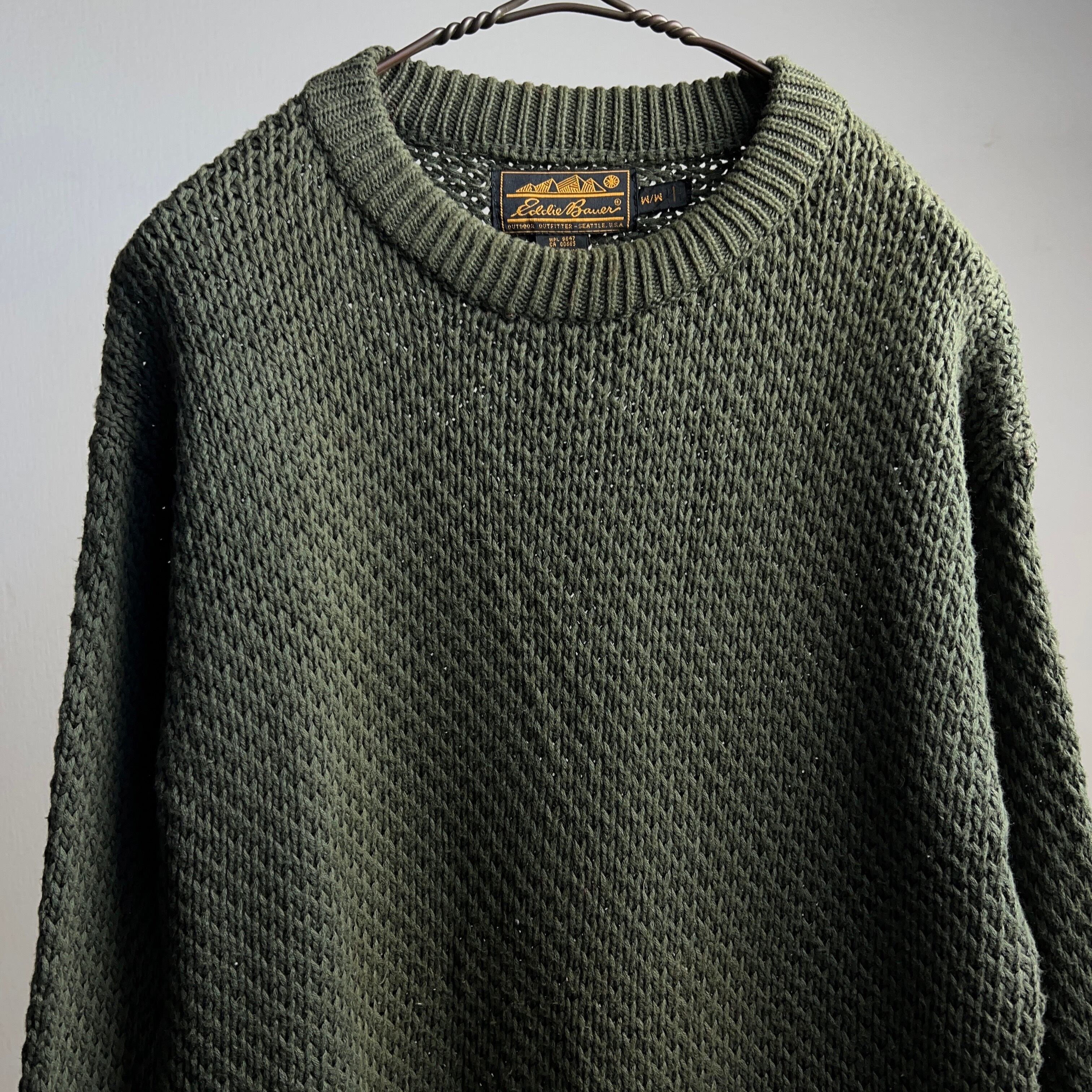 90s UK製 エディーバウアー 黒タグ ヴィンテージコットンニット カーキmarket_knit