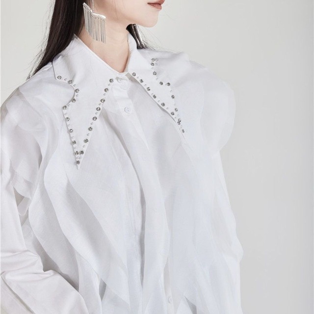 Pleated decorative button long sleeve shirt blouse【2color】 C1020