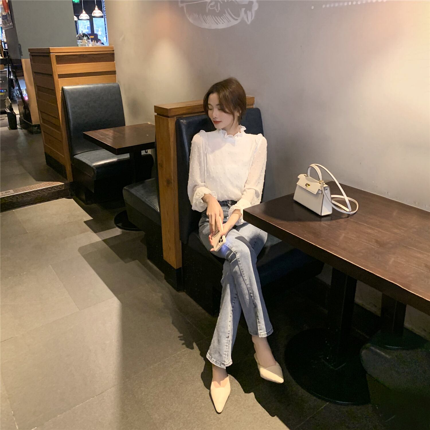 カラー水玉シフォンシャツ レディーススプリングホワイトトップス 大人ガーリー スウィート キュート カジュアル 春物 6Du_Shop_Women63620276533