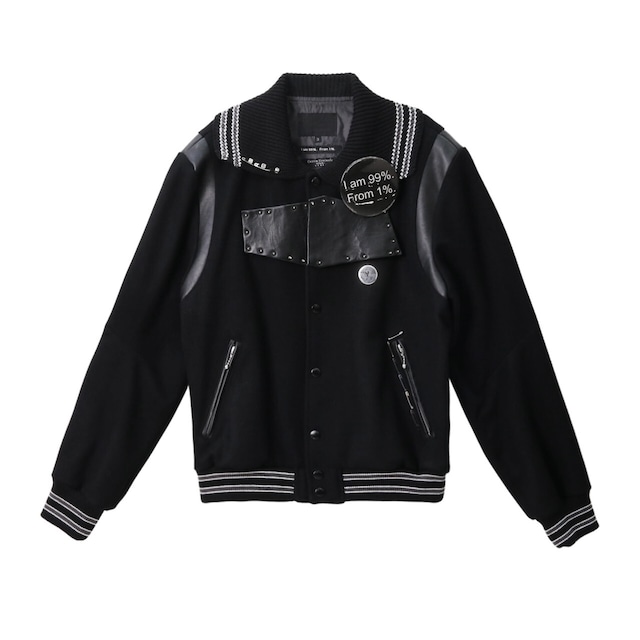 【99％IS】 Studs Leather Patch     ' 77 ' Varsity Jacket  [Hand Made Custom] (BLACK)
