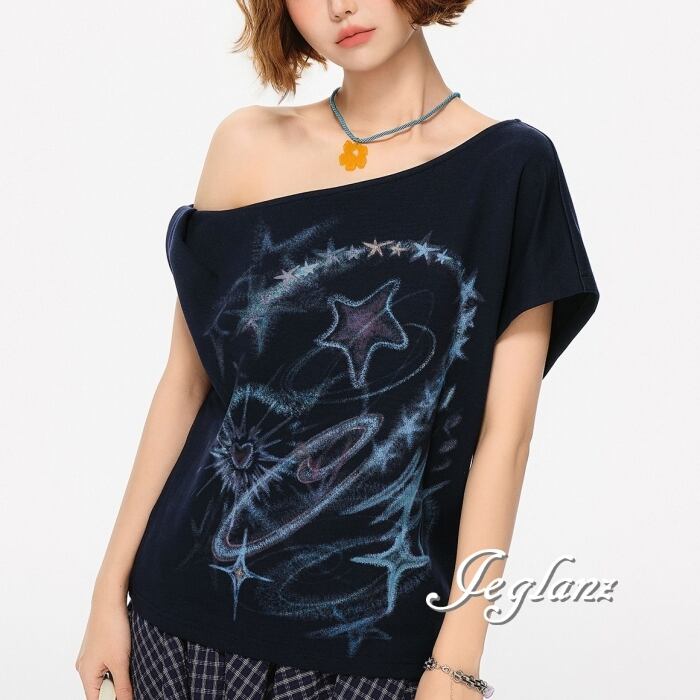 星 スター グラフィック 結びめ 半袖 Tシャツ オフショル アシメ(MC670)ρ