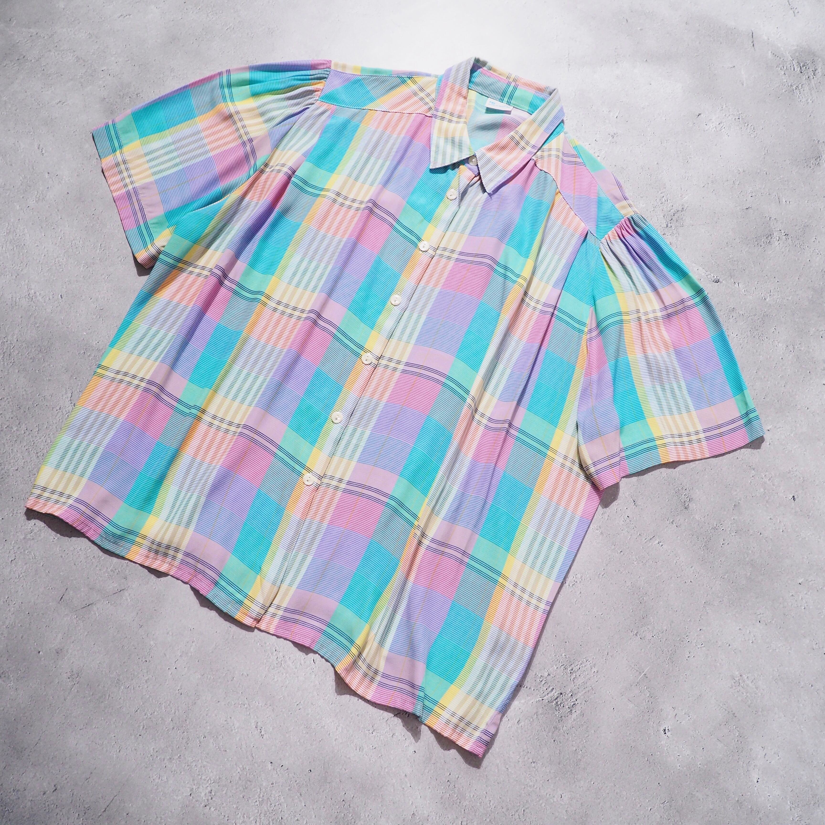 1980 - 90s " Made in Austria " Pastel check Color vintage Drape loose SS shirt