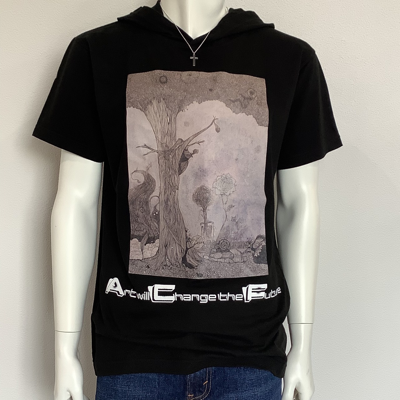 Rose&forest ( バラと森林 )  フード付き半袖Tシャツ  ブラック