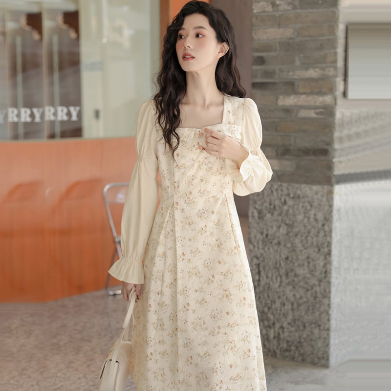 木易易シリーズ チャイナ風ワンピース 花柄 レース 春服 秋服 気質アップ レトロ 女子力アップ S M L Xl Elegant