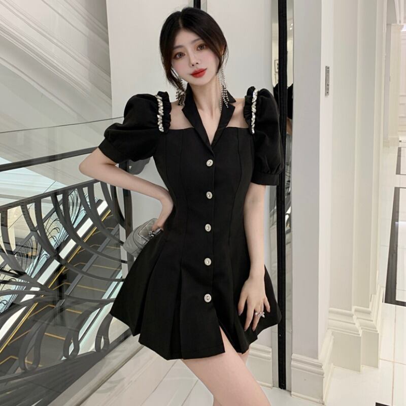 スタイルブラックドレス ストラップレススリーブウェストプリーツレディース ハンチェンe74867404820