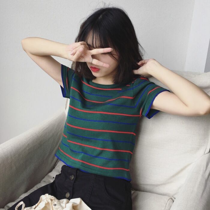 春先の新しい女性のラウンドネックショートカラーマッチングストライプストレッチタイトボディシャツ学生半袖Tシャツトップ 1号婦人89928777114