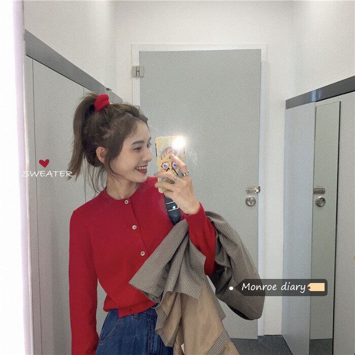 レッドセーター ジャケット レディーススタンダードルーズニットスプリングクロップドトップス カーディガン ロング レトロ 春物 モンロー63645658863