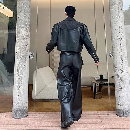 予約販売】メンズ セットアップ 上下 長袖 デニム 異素材 レザー