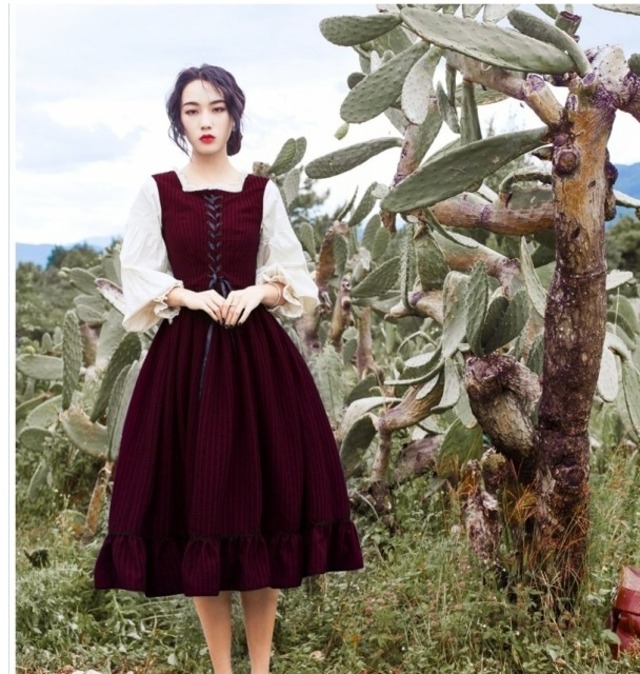 バックリボン ワンピース ゴスロリ ワンピース ドレス 新作 英国風 フレアスカート コルセット レトロ マキシ丈 編み上げ リボン 紐 レト Basecamp49