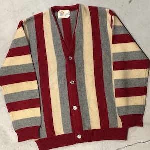 1970s JANTZEN RED/GRAY WOOL STRIPE CARDIGAN