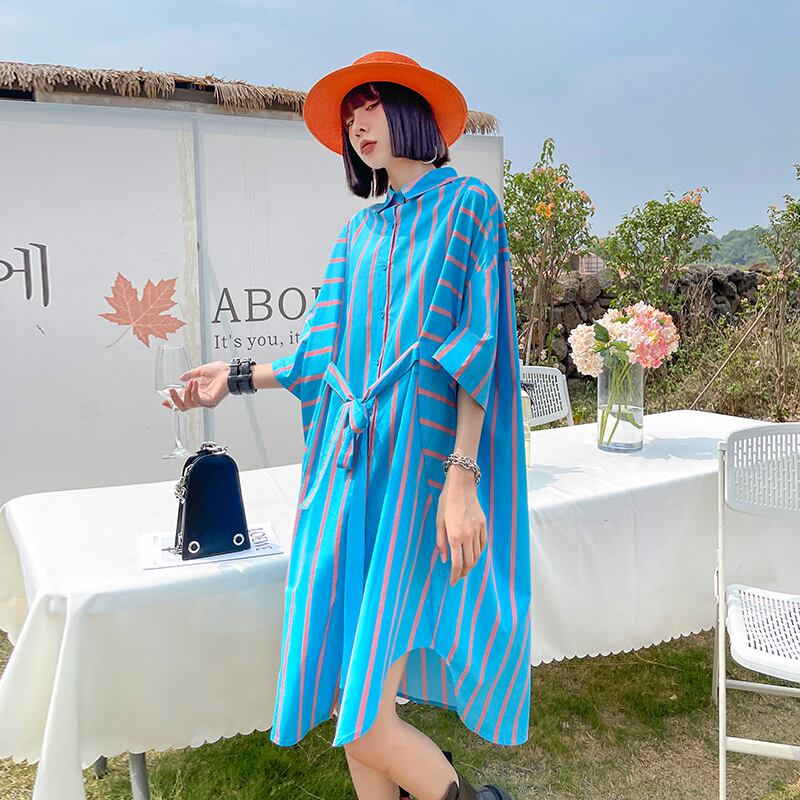 ブルードレス サマー薄手ストライプシャツ スカート ロング 夏物 ラブタオタオダレンハウス67262579007