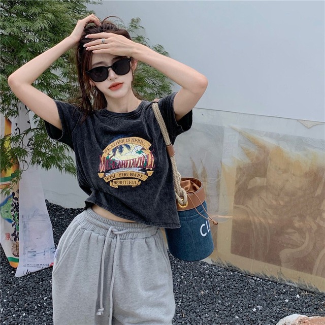 Tシャツ サマー薄手ショートハイウェストウェストルーズトップス 夏物 ブラックストロベリース97521705353