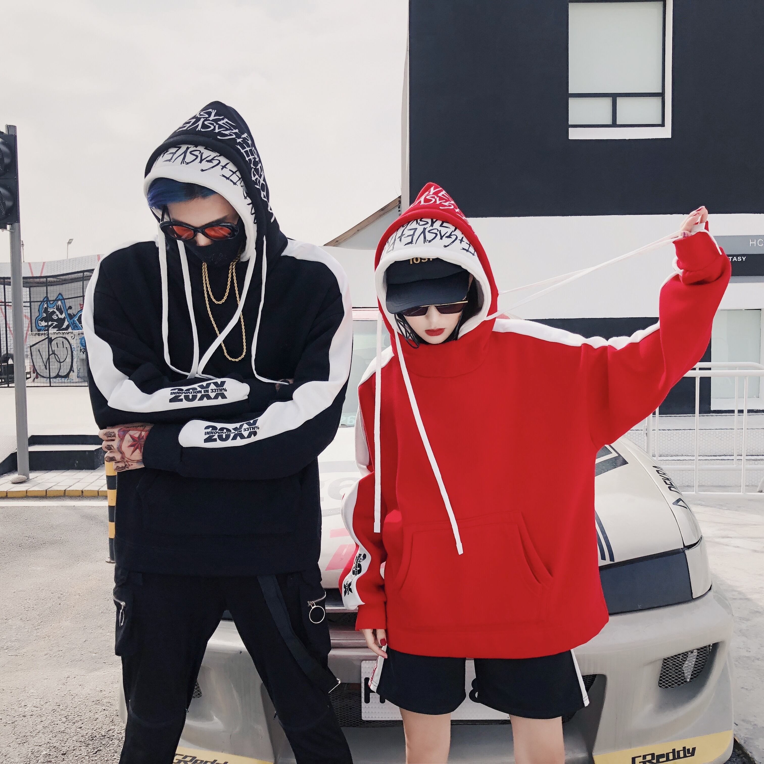 ストリート系ダブルフード！ビッグシルエットパーカ 黒 ブラック 韓国 ユニセックス