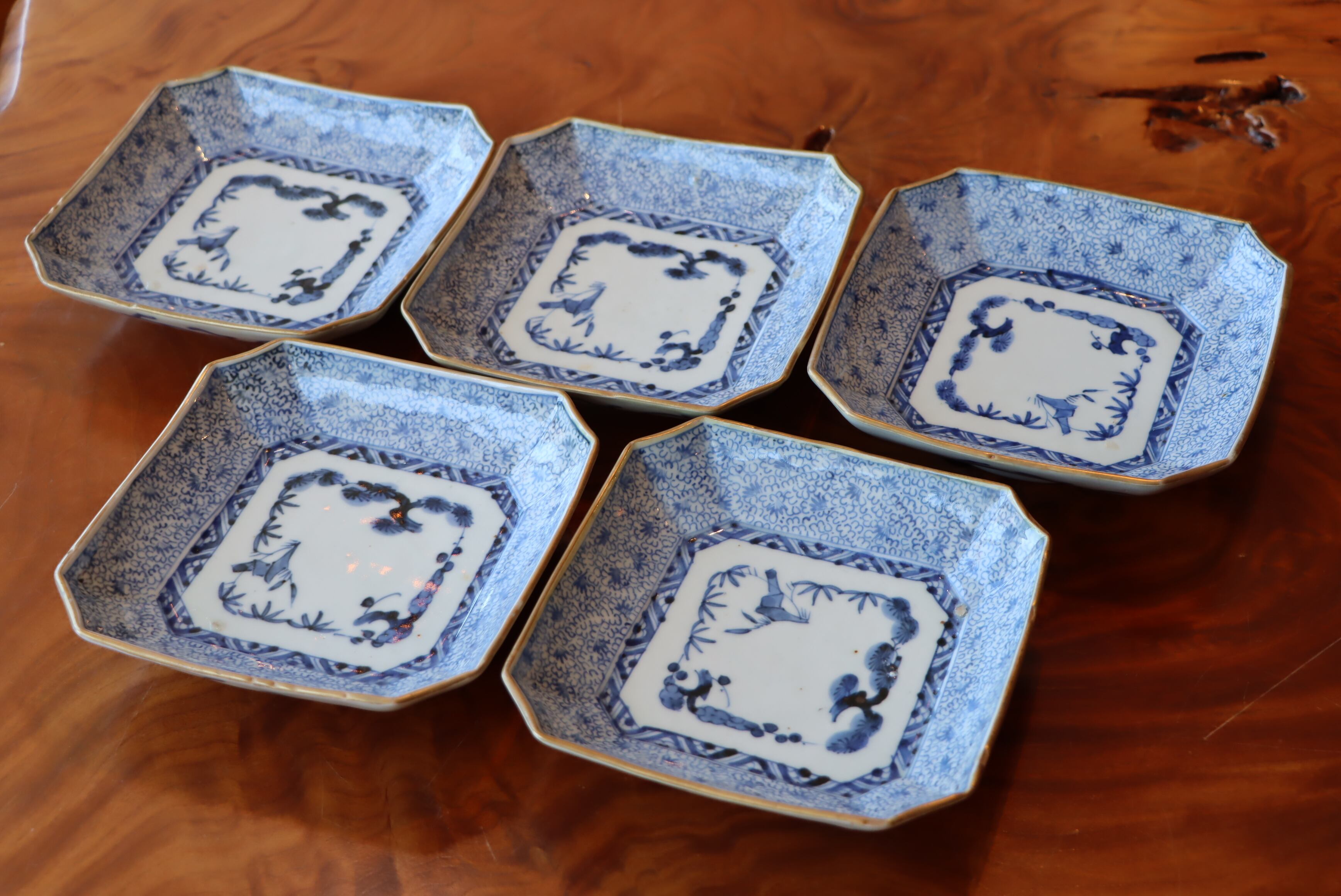 古染付四方皿　江戸時代　5枚 古伊万里 染付 蛸唐草 角皿 長皿 長方皿 四方皿 日本の美 江戸