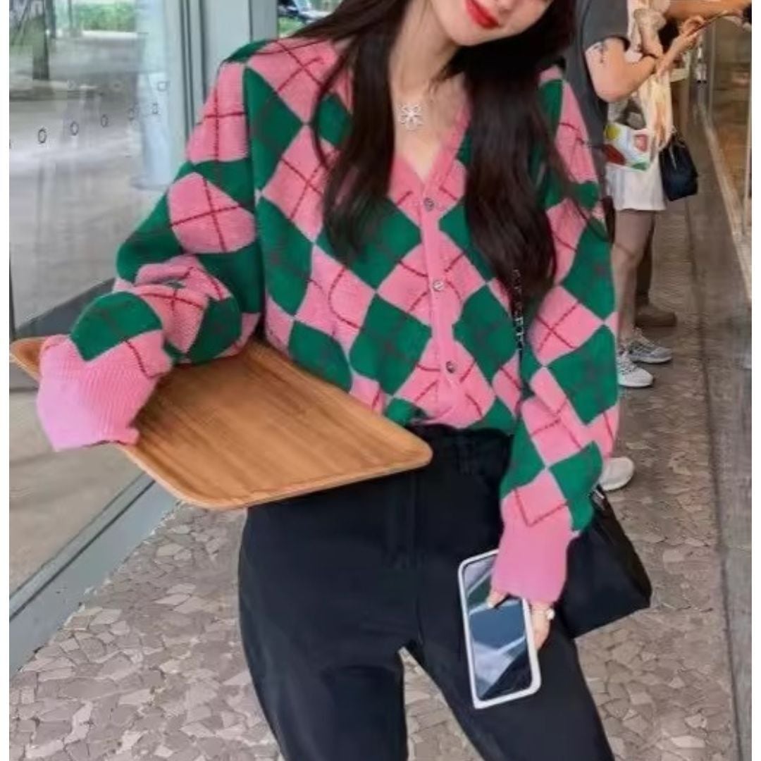 Loose Diamond-Pattern Long-Sleeve Cardigan– Lazy Knit Sweater (CF023)