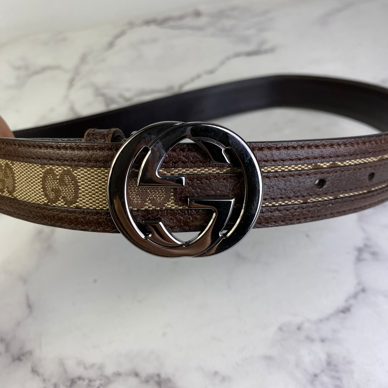 GUCCI グッチ  インターロッキングG GGキャンバス キャンバス×レザー ベルト ベージュ A-7205