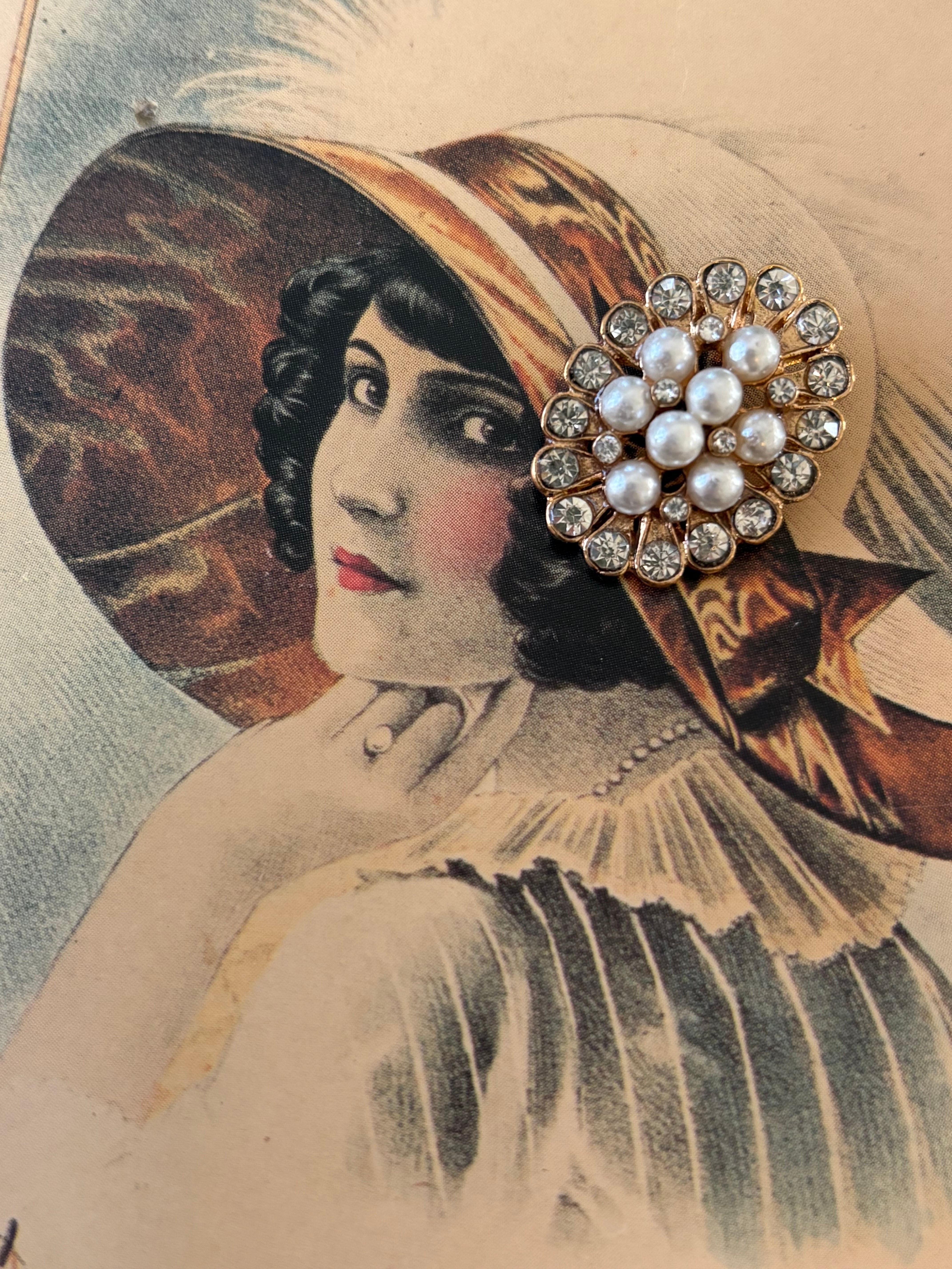 17mm×22mm 輸入デザインボタン パール調ビーズ×ストーン×ゴールド エレガント メタルボタン アクセサリーパーツ デコレーション材