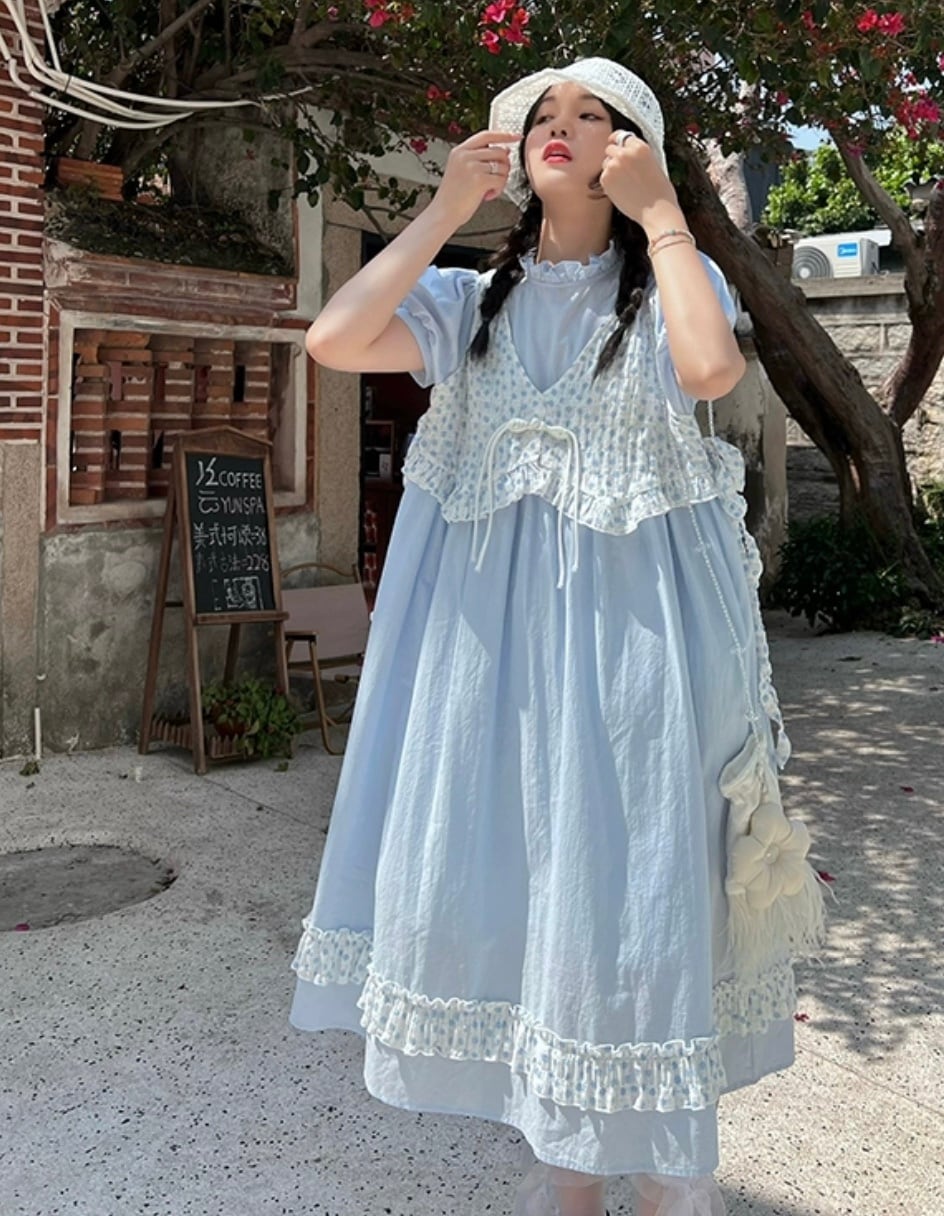 ワンピース 水色 ワンピース ゆったり 可愛い ガーリー 姫 リボン 花柄