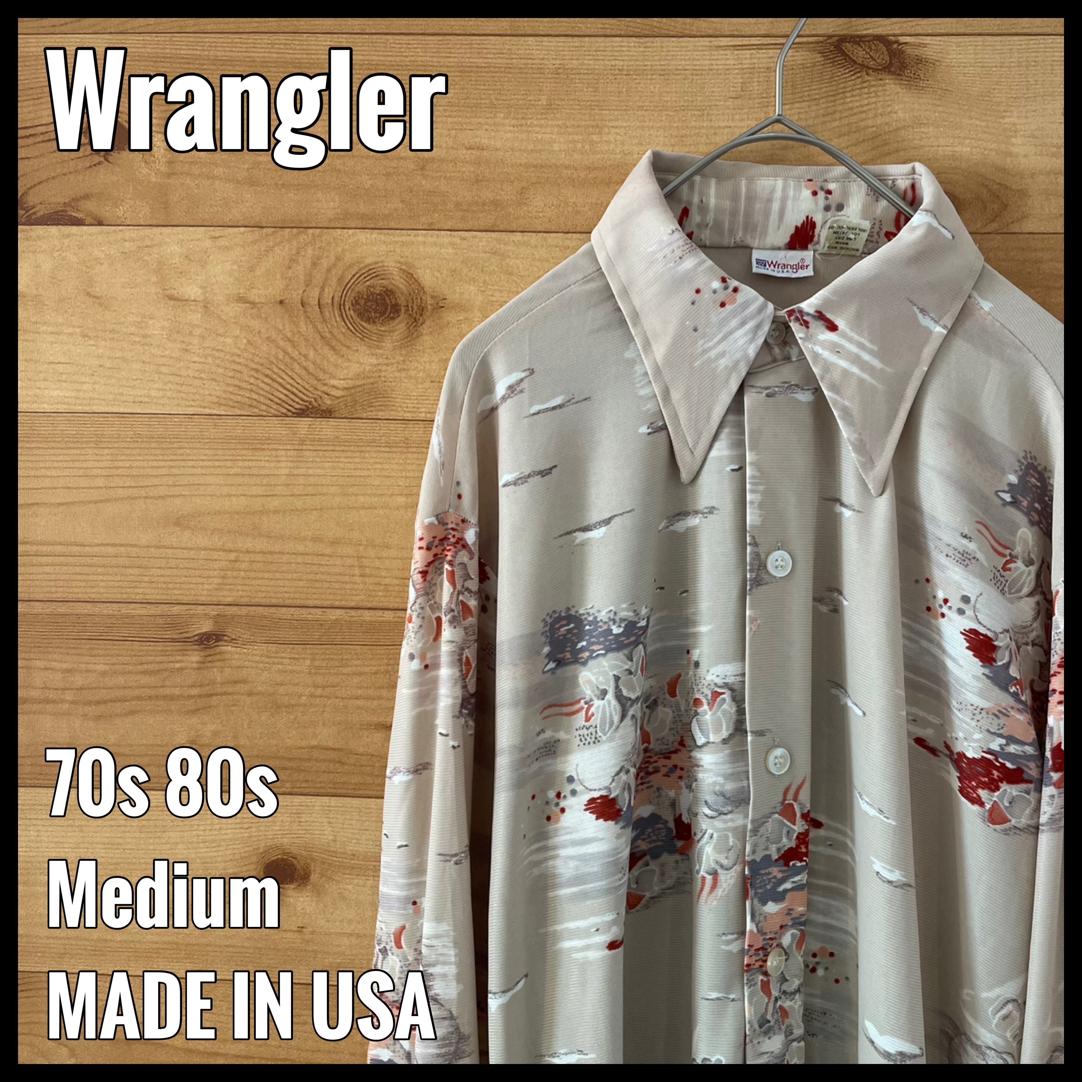 Wrangler】70s USA製 ポリシャツ 総柄 長袖シャツ Mサイズ ラングラー 