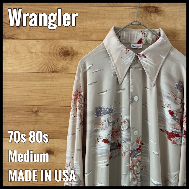 【Wrangler】70s USA製 ポリシャツ 総柄 長袖シャツ Mサイズ ラングラー ビンテージ ヴィンテージ US古着 アメリカ古着