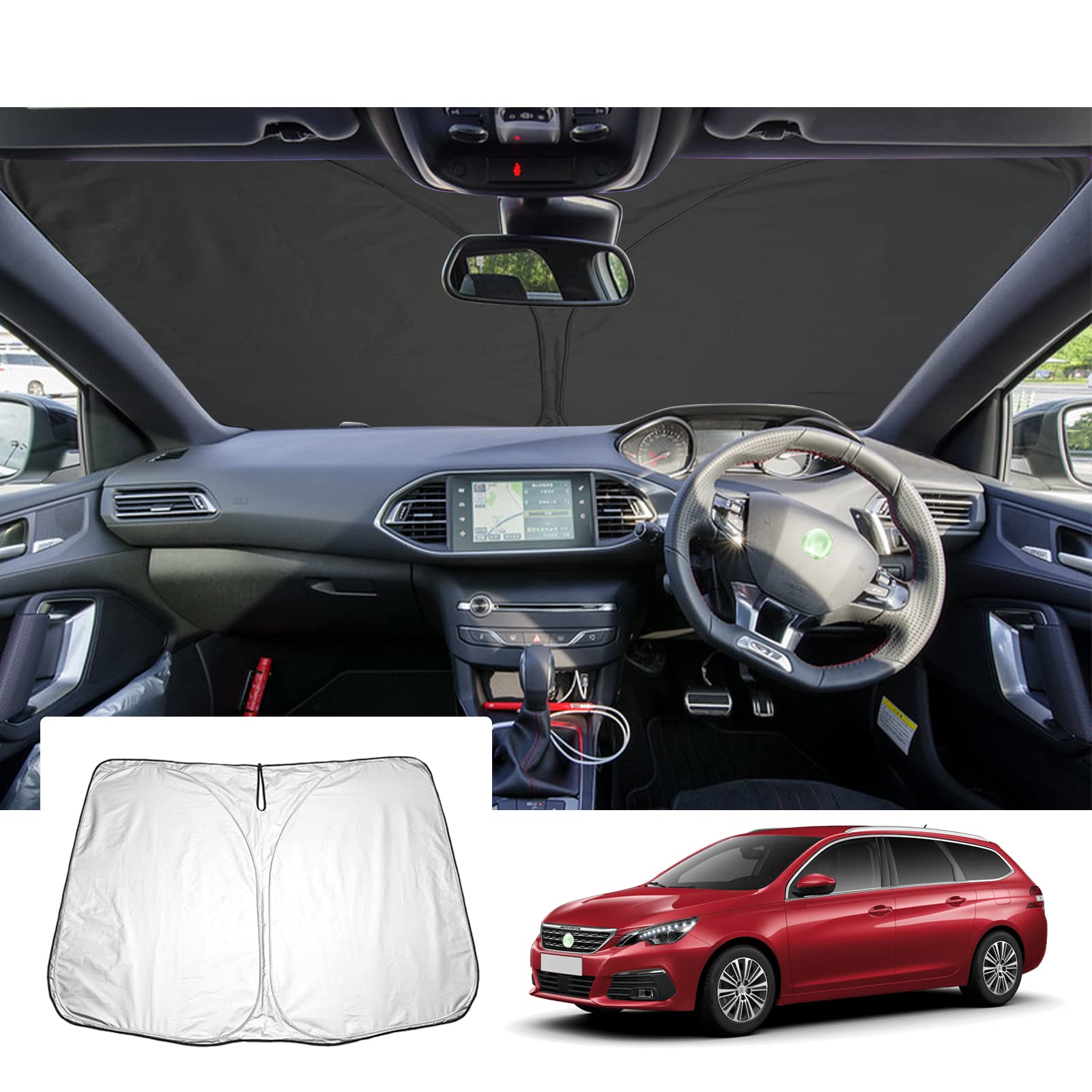 【GAFAT】プジョー 308SW 2代目 2014+ PEUGEOT ステーションワゴン 新型 専用 車用サンシェード フロントガラス用 UVカット 折り畳み マルチサンシェード 遮光 断熱 紫外線カット 日よけ 収納袋付 車中泊 軽量 取付簡単 インテリア 防犯対策
