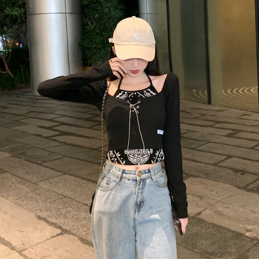 オータムFlowerデザイン ショートクロップドハイウェストトップス ロング シャツ 大人ガーリー スウィート キュート カジュアル 秋物 Tシャツ フラワーデザイン 萌量不足33699479068