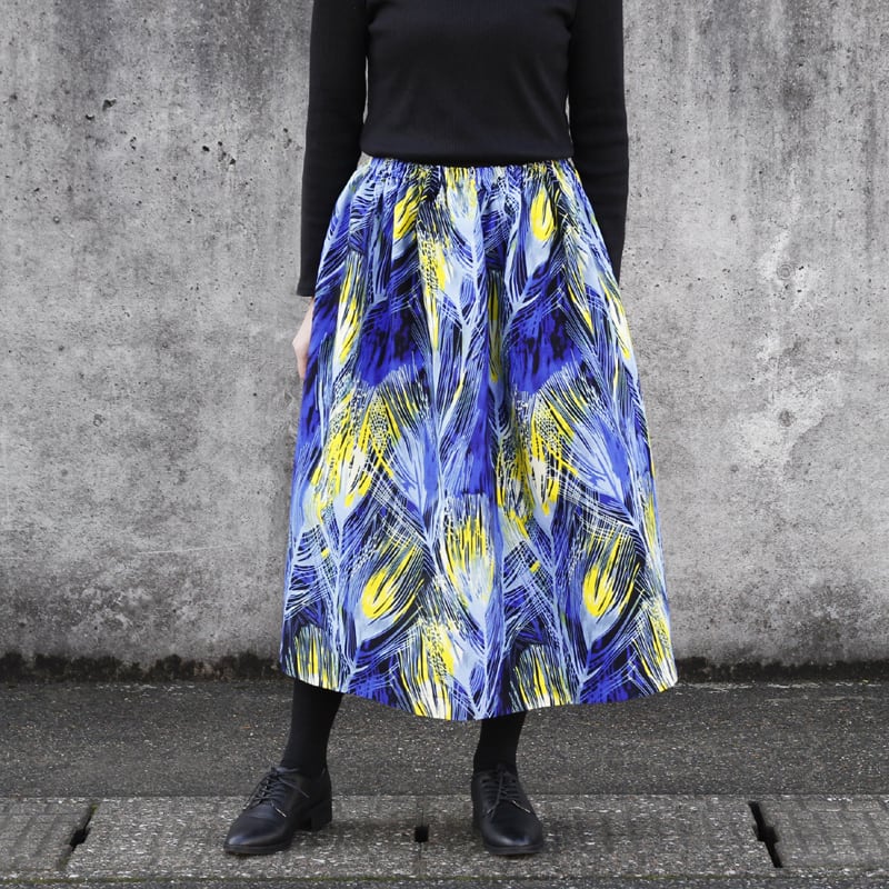 受注制作】アフリカ布のギャザースカート（リーフ）アフリカンプリント