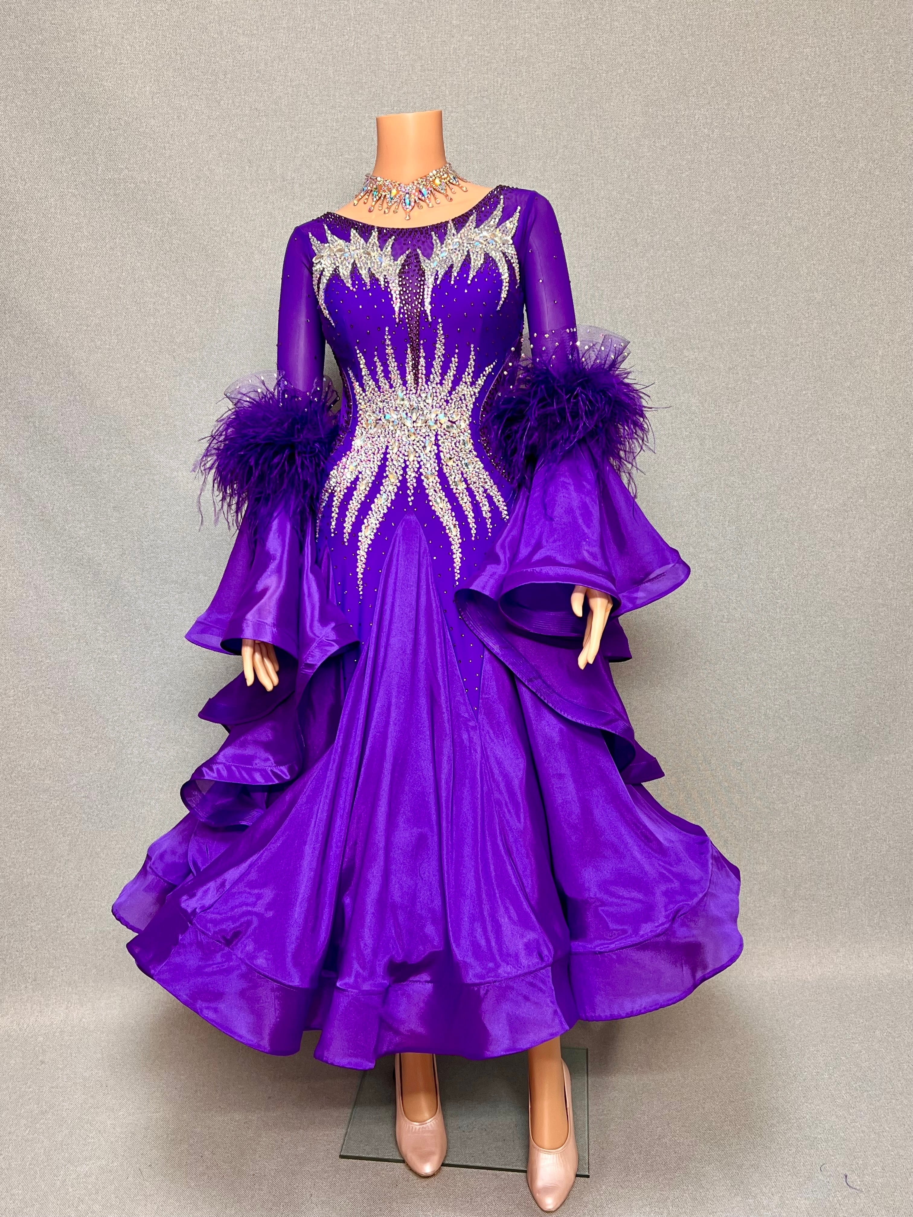【新着】社交ダンス ドレス　モダン　スタンダード ドレス　ST-26-8　　パープル（袖ファー）　M　デモ・競技用ドレス　発表会　衣装　パーティドレス　ワンピース　舞台衣装