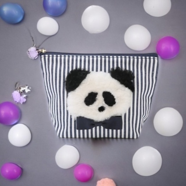 FINAL SALE★pc0015　もふもふパンダポーチ《ボンボンリボン》ストライプポーチ×ぱん吉★★★