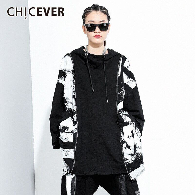CHICEVERプリントスウェットシャツレディースフード付きカラー長袖パッチワークレースアップブラックスウェットシャツ2020 ロング 6base544520187808