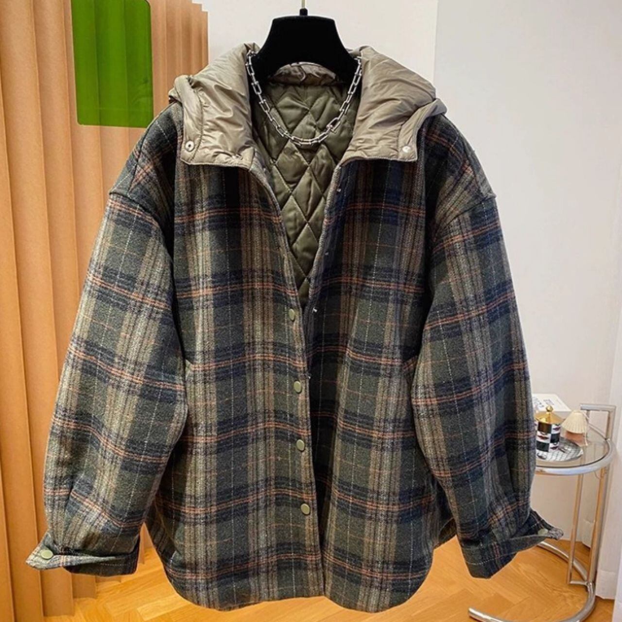 中綿キルティング裏地 チェックオーバージャケット Ln00391