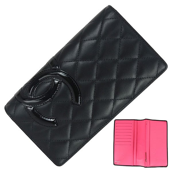Used CHANEL シャネル 長財布 二つ折り カンボンライン マトラッセ カーフレザー ブラック ピンク A26717 極美品
