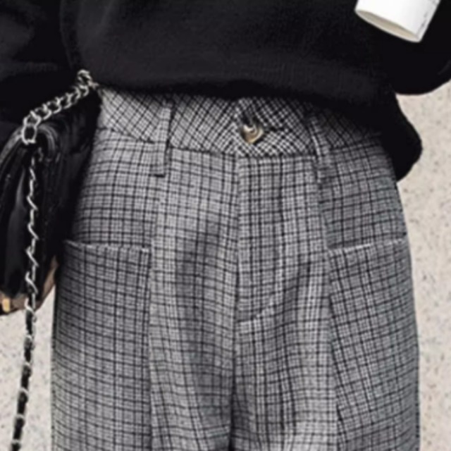 【チェック柄ハイウエストテーパードパンツ】P00684