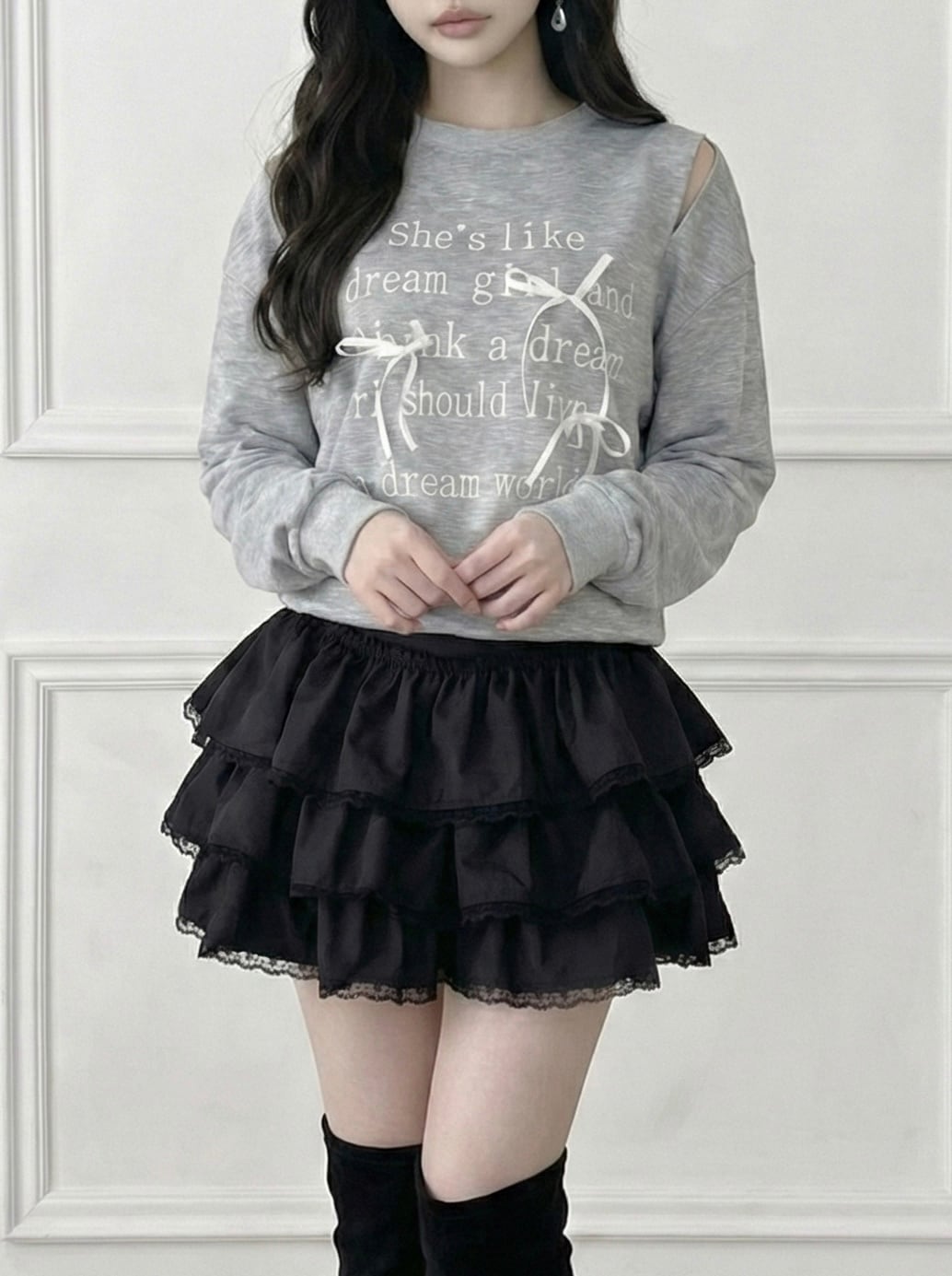 【Renonqle】shoulder cutoff ribbon sweat