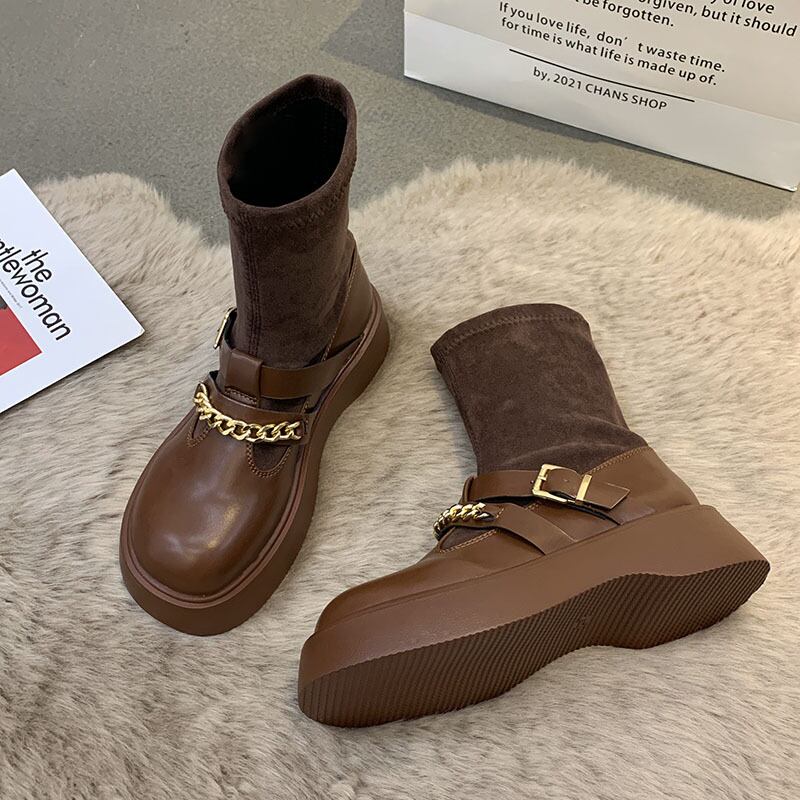 スタンダードショートブーツスプリングオータムチェーン レッド薄手ソックス レトロ 靴 シューズ 春物 秋物 タイツ ストッキング フェイクシューズ86692729053