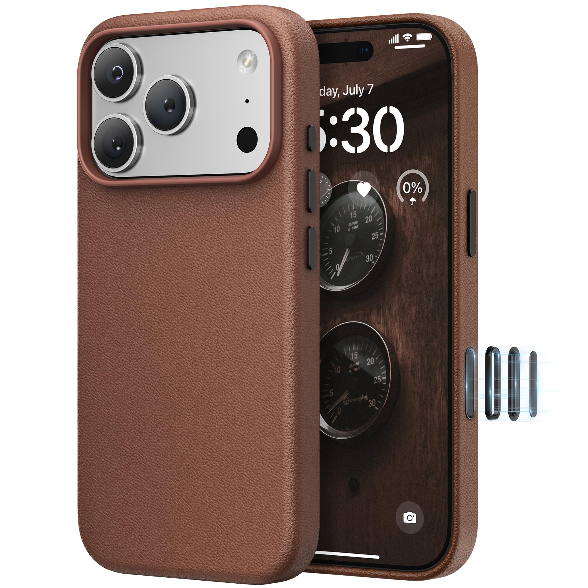 SURPHY iPhone 18 Pro/17 Pro 用ケース レザー MagSafe対応 カメラボタン付き 6.3インチ対応 スマホケース iphone 18 Pro/17 Pro PUレザー マグネット搭載 内側はマイクロファイバーが付く(ブラウン)