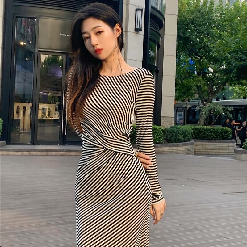 スカート スプリングロング薄手バックレスストライプドレス 春物 YY-ファッション92111031828