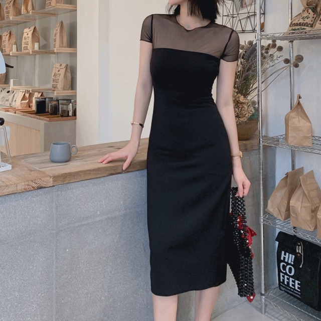 ドレス レディース 春夏 秋冬 春 夏 秋 冬 黒 タイトドレス 半袖 シースルー ドレスワンピース ミディアムドレス ミモレドレス ロング ひざ丈ワンピース ブラック ワンピースドレス Ol オフィスカジュアル 結婚式 パーティー お呼ばれ シンプル 10代 代 30代 40代 C