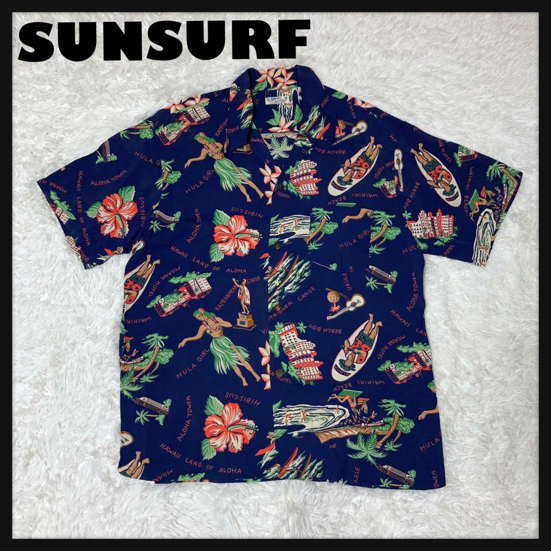 美品】SUNSURF アロハシャツ 半袖 開襟 花火 総柄 紺 L 【公式通販】
